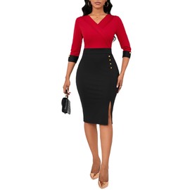 Women's Vintage 3/4 Sleeve V Neck Midi Colorblock Business Formal Work Bodycon Pencil Dresses