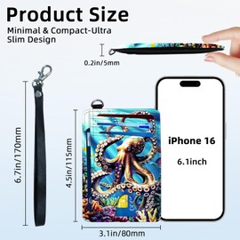 FXIANGWL Slim Front Pocket Wallet for Women, RFID Blocking Credit Card Holder Wallet with Detachable Wrist strap, Thin Card Case ID Window Small Card Holder for Unisex-FBA, Colourful Octopus, Modern