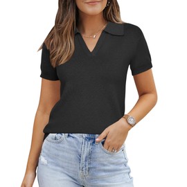 Arach&Cloz Women's Wool Blend Summer Fall Tops Polo Shirts 2025 Cashmere Short Sleeve Lightweight Business Casual Outfits Trendy Collared Old Money Clothes Golf Work Blouse Sweater Black XL
