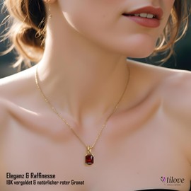 Damen-Halskette, vergoldet, 18 K, mit natürlichem rotem Granatstein – eleganter Schmuck & ideales Geschenk – verstellbare Kette 42 cm + 5 cm – feiner und raffinierter Anhänger mit Geschenkbox und