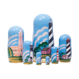 Golden Cockerel Lighthouses of America Nesting Doll 7pc./8" Nautical Shoreline Hand Carved Matryoshka