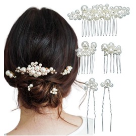 Herbeluemily Hair Ornament, Headdress, Hair Accessories, Hair Pin, Pearl, 5-piece Set, Wedding, Pearl x Silver