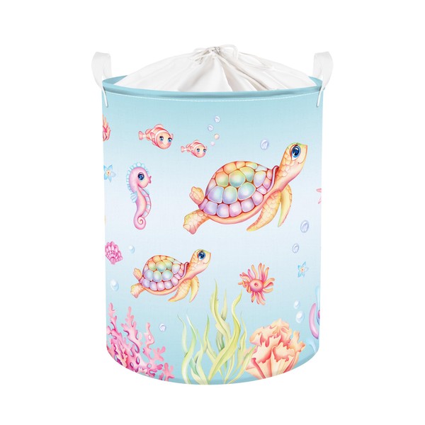 Clastyle 45L Colorful Turtles Ocean Fishs Laundry Basket for Kids - Small Nursery Hamper Basket for Baby Toys Clothes Storage, 14.2x17.7 in