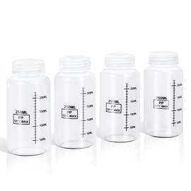DEMORA 8oz/250ml Graduated Plastic Bottles with Caps, Airtight Lab&Food Grade PP Measuring Bottles, Reusable Wide Mouth Liquid Containers for Water Sample Reagent Liquids Mixing (Clear, 4 Pcs)