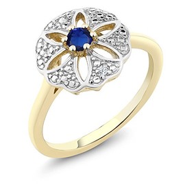 Gem Stone King 18K Yellow Gold Plated Silver Blue Created Sapphire and I Diamond Engagement Ring For Women | 0.13 Cttw | Round 3MM | Gemstone September Birthstone | Size 8