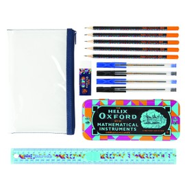 Helix Oxford Geo Complete Maths and Stationery Set - Oxford Maths Set, 30cm Folding Ruler, Ballpoint Pens, Eraser, Exam ready clear Pencil Case, Pencils - Orange Geometric Design