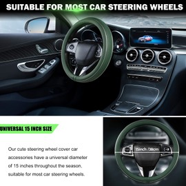 BubabyZZ Green Car Steering Wheel Cover, Anti Slip Breathable Comfort Leather with Silver Bright Fiber Strip, Universal Protector for All Season 15 inch Fit Most Cars