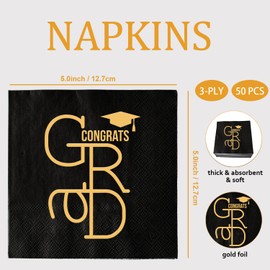 XIUHUBA Congrats Grad Napkins, 50 Pcs Black and Gold 2025 Graduation Cocktail Napkins, Class of 2025 High School/College Graduates Party Decorations, 3 Ply