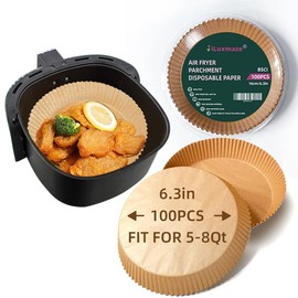 Air Fryer Round Disposable Paper Liners 100 Pieces, 16cm/6.3in Round Air Fryer Liners, Non-Stick, Oil Proof, Food Grade Parchment, 100 PCS, Brown Liner Kitchen Circle Baking or Cooking.