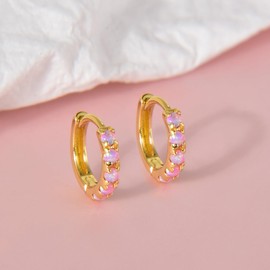 Tiny Mini Opal Huggie Hoop Earrings Upper Ear Cartilage Helix 18k Gold Plated Minimalist Simple Small 6mm Pink opal Hoop Earrings