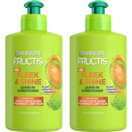 Garnier Garnier Fructis Sleek & Shine Leave-In Conditioning Cream for Frizzy, Dry Hair, Plant Keratin + Argan Oil, 10.2 Fl Oz, 2 Count (Packaging May Vary)