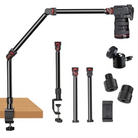 Overhead Camera Mount Desk Stand, 3-Section Flexible Detachable Articulating Arm with 1/4“ 3/8" 5/8" Screw&360° Ball Head, C-clamp Tabletop Mount for DSLR Camera/Webcam/Microphone/Lights