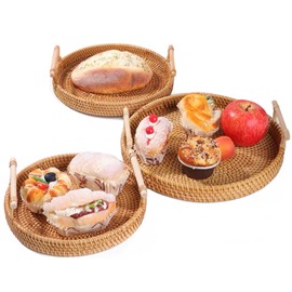 Tissting 3 Piezas Bandeja Redonda de Ratán con Asas, Cesta Tejida a Mano, Bandeja Organizadora Decorativa para Almacenamiento, Pan, Frutas, Postre