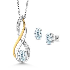 Gem Stone King 925 Silver and 10K Yellow Gold Oval 6X4MM Gemstone Birthstone and White Lab Grown Diamond Pendant and Earrings Jewelry Set For Women | With 18 Inch Chain