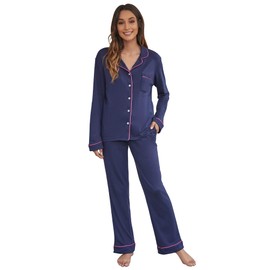 HEARTNICE Womens Pajama Set, Soft Long Sleeve Pajamas & Long Pants with Pockets, Warm Button-up Sleepwear Lightweight Lounge Pjs (Navy, M)