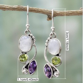 ANDPAI Unique Handmade Bohemian Multi-Gem Rainbow Moonstone Vintage Silver Dangle Drop Earrings Lightweight Green Purple Crystal Leaf Hook Earrings for Women (Silver)