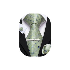 YOHOWA Sage Green Tie with Tie Clip for Men Plaid Silk Necktie Pocket Square Cufflinks Set Formal Business Festival Party