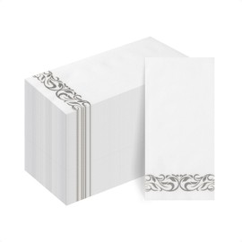 Goodluck 100-Pack Linen-Feel Disposable Guest Towels – Soft and Absorbent Paper Hand Towels for Bathroom or Kitchen – Elegant White Napkins with Silver Design for Parties, Weddings, Dinners Events