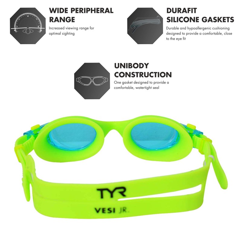 TYR Unisex Child Vesi Low Profile Swimming Goggles - Blue/Yellow/Yellow,
