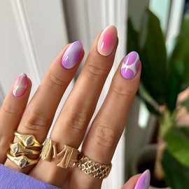 24Pcs Press on Nails Short Almond Fake Nails Colorful Glue on Nail Colorful Gradient Nails Press Ons Glossy Full Cover False Nails Reusable DIY Stick on Nail for Women and Girls