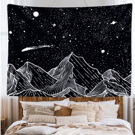 Ulticool – Decorative Wall Tapestry Bedroom - Mountains Nature Space Black White - 200 x 150 cm Large – Fabric Wallpaper – Tapestry Aesthetic Wall - Panoramic Decoration
