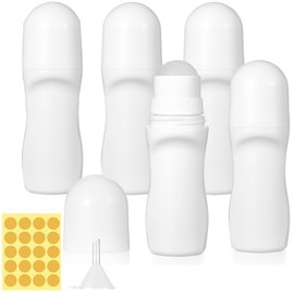 5 Stück Nachfüllbare Roll-on Flasche Kunststoff, Roll-on Flasche Leer Kunststoff, mit Aufkleber & Trichter, für Ätherische Öle, Parfüm, Sonnencreme, Tragbar für Reisen & DIY, Weiße, 50ML (Abgeflacht)