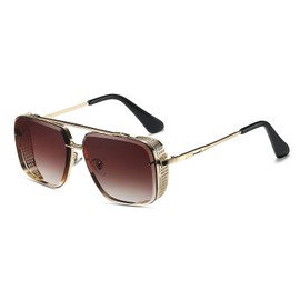 Hanj Vintage Retro 70s Sunglasses for Men Women, Fashion Steampunk Sun Glasses Gold Square Aviator Frame (Gold Frame/Brown Lens)