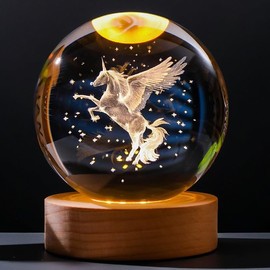 TINGMEIBESTLY 3D Crystal Ball Night Light,80MM Animals Glass Ball Night Lamp with Woodern Base,Decorations Gifts for Men,Women,Kids,Boys,Girls,Teens (Horse)