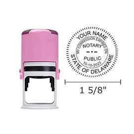 Round Notary Stamp for State of Delaware | Self Inking Unit - Shiny Printer R-542 with Unique Body (Pink)