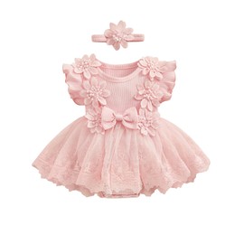 ZZLBUF Newborn Infant Baby Girl Summer Clothes Set Flower Lace Ruffle Sleeveless Tutu Romper Dress Headband 2Pcs Outfits (3D Flower Lace Pink, 12-18 Months)