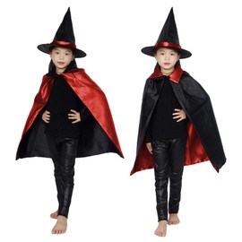 Cosplay/Costume, Banquet, Halloween, Women's Cosplay, Costume, Adult Cosplay Costume, For Adults, Kids Cosplay, Cloak, Witch, Reversible, Red, Purple, Black, Kids Magician, Color Cape, Cape with Hat