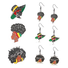 Black Afro Woman Earrings Brooches Set African Juneteenth Earrings for Women Enamel African Brooches Pins American Freedom Day Party Accessories (Style A)
