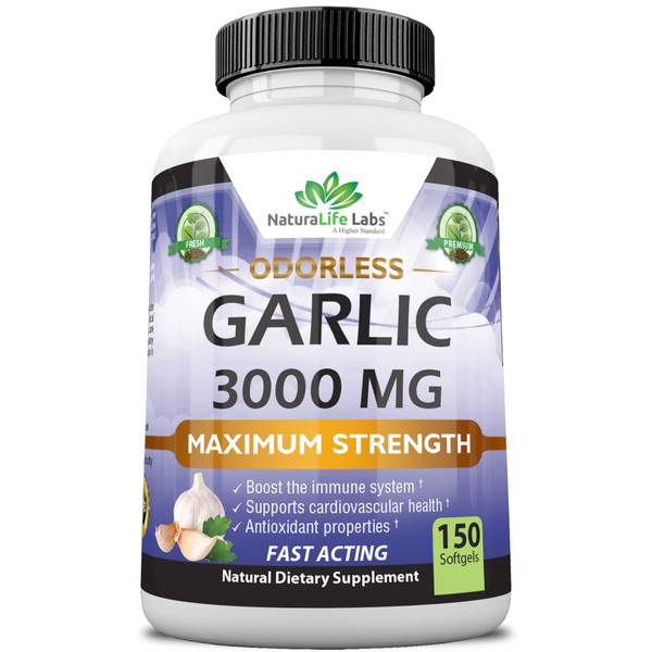 NaturaLife Labs A Higher Standard Odorless Pure Garlic 3000 mg per Serving Maximum Strength 150 Soft gels Promotes Healthy Cholesterol Levels Immune System Support