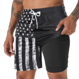 zeetoo Mens Swim Trunks with Compression Liner 5.5" Inseam Quick Dry Swim Shorts American Flag-Black M