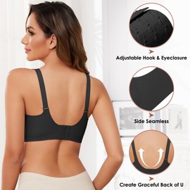 TOMEEK Bras for Women Non Wired Support Full Coverage Push up V Neck Seamless Wireless Bra Ladies Comfort Everyday Bras Zero Feel Bralettes with Pads(Light Black,XL)