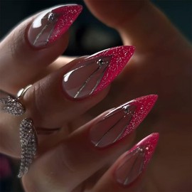 Pink French Tip Press on Nails Glitter Fake Nails Silver Line with Rhinestone Design Medium Almond Glue on Nails Glossy Artificial Acrylic Full Cover Nude Stick on Nails for Women Manicure 24Pcs