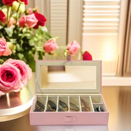 UnionPlus Sunglasses Case Organizer, Multiple Sunglasses Eyeglass Glasses Display Holder Collector, 5 Slots for Sunglasses Storage and 2 Small Slots for Accessories, Pink