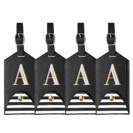 YELARXI Luggage Tags, Initial Letter Travel Luggage Baggage Labels PU Leather Tag Holder Waterproof for Privacy Protection ID Suitcase Identifier Backpack (4 Pack, Black A)