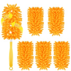 Reusable Duster Refill for Swiffer Duster Refill, 360° Heavy Duty Duster Refills Kit, 5 Pack with 1 Handle Microfiber Ceiling Fan Dusters for Cleaning（Orange, 5PCS）