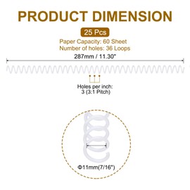 PATIKIL 25 Pack Plastic Spiral Binding Coils, 11mm(7/16") Binding Coils 60 Sheet Capacity Spiral Binder Rings 3:1 Pitch for Office Classroom, White
