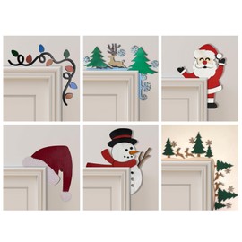 6PCS Wooden Christmas Over Door Toppers Corner Frame Decorations Indoor Ornament Decorative Wall Woodland Wood Vintage Window Garage Yard Santa Creative Wooden Hanging Decor (Set of 6PCS Style B)