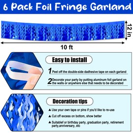 6 Pack 10 Feet Blue Wave Foil Fringe Garland Metallic Tinsel Streamers Banner Wall Hanging Curtain Backdrop for Parade Floats, Mother's Day, Easter, Wedding, Birthday Party Decoration
