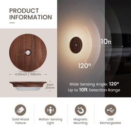 Motion Sensor Night Light Wood Rechargeable Battery-Powered Stick-On Step Lights Loftie Lights Magnetic Closet Warm Nightlight for Hallway Bedroom Stair (2 Pack Black Walnut)
