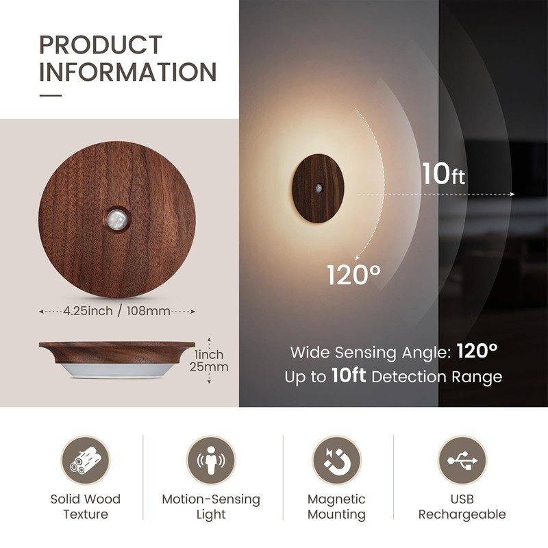 Motion Sensor Night Light Wood Rechargeable Battery-Powered Stick-On Step Lights