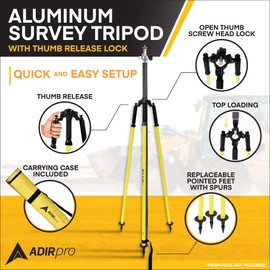 AdirPro Prism Pole Tripod – Aluminum Range Pole Tripod – Use for Survey Pole, Rover Rod, GPS Pole, Leveling Staff – GNSS RTK Rod Stand - Survey Equipment for Total Station Surveying (Yellow)