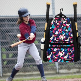 Softball Bag, Youth Softball Bag Baseball Bat Bag with Vented Shoe Compartment, Softball Equipment Bag TBall Bat with Fence Hook, for Batting Mitten, Helmet, Teeball Gear Adult Blue Pink Pattern