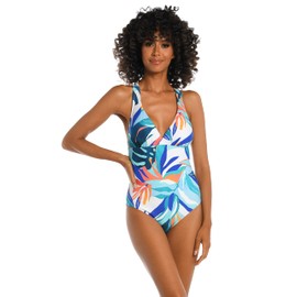 La Blanca - Traje de baño de una Pieza con Espalda Cruzada para Mujer, Azul Hielo/Palmas costeras, 16