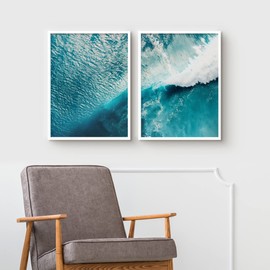 Ashbrook Framed Wall Art Collage Print Gallery Set Aerial View of Teal Nautical Tropical Ocean Sea Wave Nature Wilderness Photography Colorful for Living Room, Bedroom, Office - 12"x16"x2 WHITE