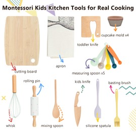 14 Pack Kids Kitchen Tools Set for Real Cooking Montessori Kids Knife and Cutting Board Set Safe for Kids and Toddlers Baking Set Kitchen Accessories