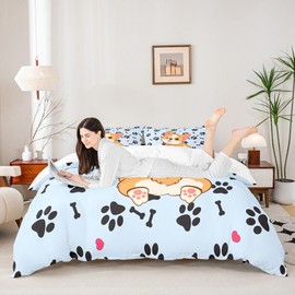 Cute Corgi Duvet Cover Set Twin Size,Cartoon Dog Footprint Bones Bedding Set 2pcs for Kids Boys Girls Room Decor,Smiling Doggy Comforter Cover Family Paw Quilt Cover with 1 Pillowcase,Blue